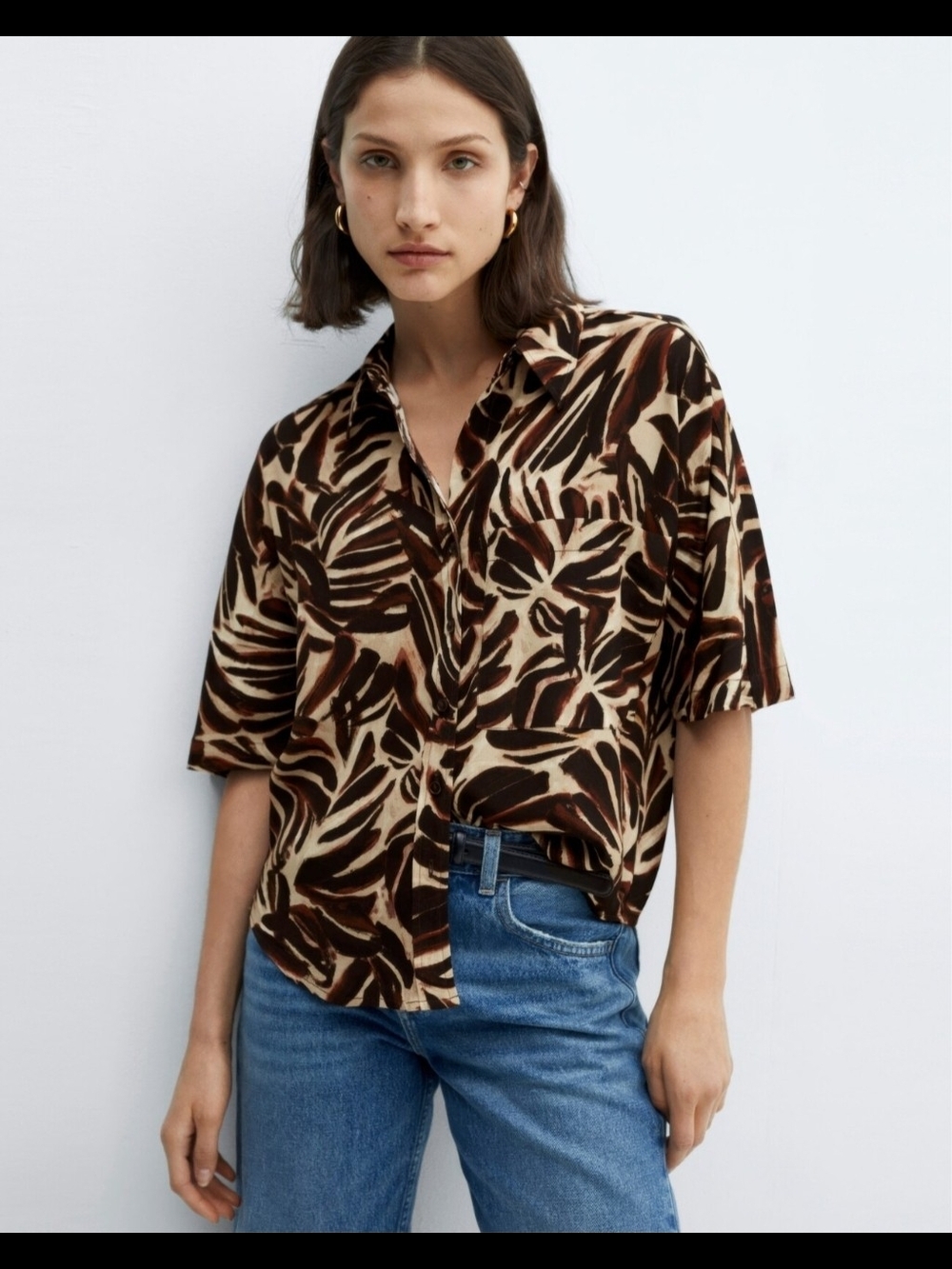 Per Se Brown and Cream Leaf-Print Short-Sleeve Button-Down Shirt